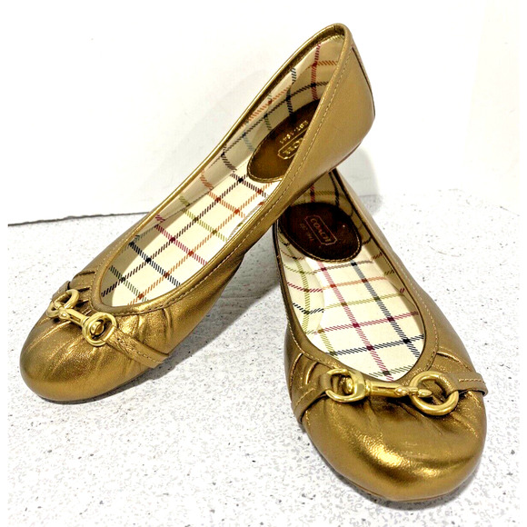 Coach Leona Ballet Flats Golden Metallic Leather Slip On Shoes Horse Bit US 6.5B